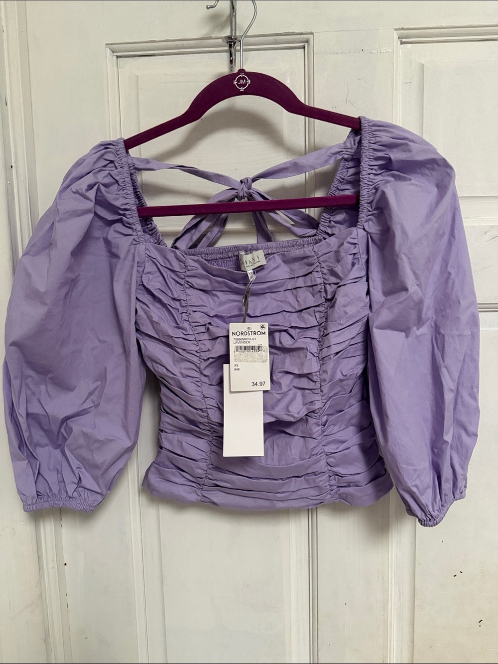 NWT WAYF Nordstrom Lavender Puff-Sleeve Ruched Crop Blouse